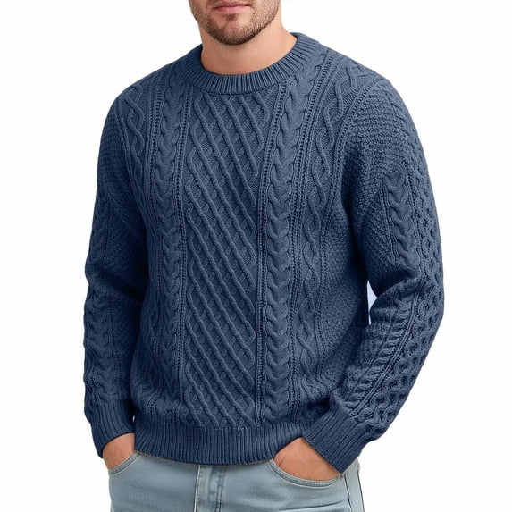 Men's Crew Neck Cable Knit Sweater Long Sleeve Relaxed Fit Pullover Thick Knitwear Casual Tops for Fall Winter Daily Wear Navy L