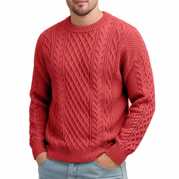 Men's Crew Neck Cable Knit Sweater Long Sleeve Relaxed Fit Pullover Thick Knitwear Casual Tops for Fall Winter Daily Wear Red M