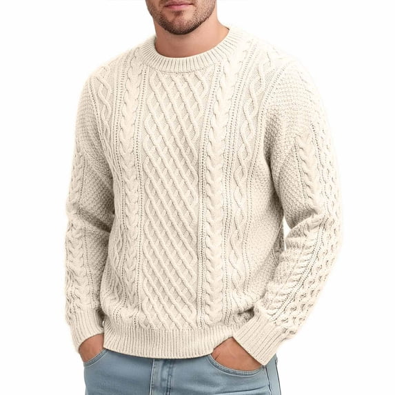 Men's Crew Neck Cable Knit Sweater Long Sleeve Relaxed Fit Pullover Thick Knitwear Casual Tops for Fall Winter Daily Wear White 4XL