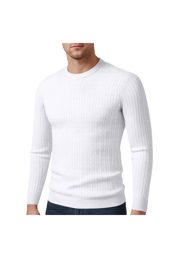 Men's Crew Neck Cable Knit Sweater Long Sleeve Slim Fit Ribbed Pullover Top
