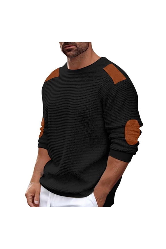 Men's Crew Neck Knit Sweater Long Sleeve Pullover with Elbow Patch Casual Top