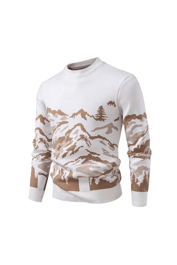Men's Crew Neck Landscape Knit Sweater Long Sleeve Casual Pullover Top