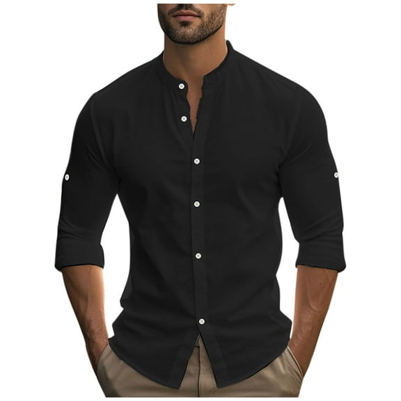 Men's Crew Neck Long Sleeve Shirt Casual Solid Color Blouse Button Down Up Holiday Regular Fit Versatile Tshirt Tops Black XL