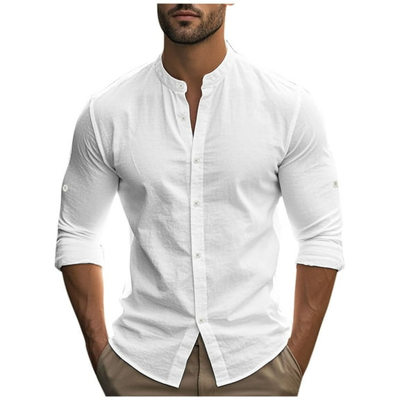 Men's Crew Neck Long Sleeve Shirt Casual Solid Color Blouse Button Down Up Holiday Regular Fit Versatile Tshirt Tops White L