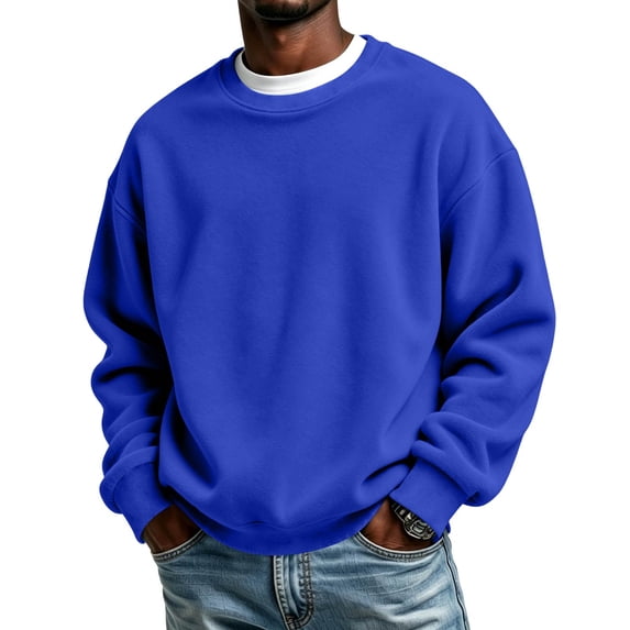 Men's Crew Neck Long Sleeve Solid Sweatshirt Lightweight Casual Pullover Comfortable Basic Top for Fall Winter Everyday Wear and Weekend Outings Blue 2XL