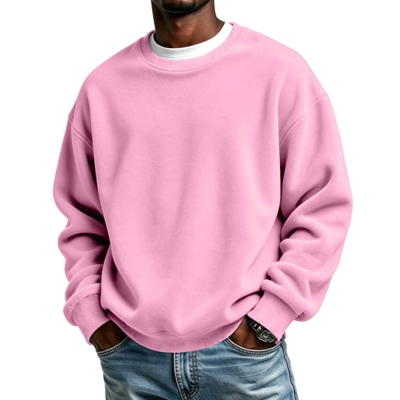Men's Crew Neck Long Sleeve Solid Sweatshirt Lightweight Casual Pullover Comfortable Basic Top for Fall Winter Everyday Wear and Weekend Outings Pink M