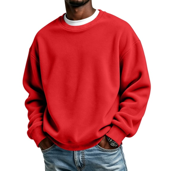 Men's Crew Neck Long Sleeve Solid Sweatshirt Lightweight Casual Pullover Comfortable Basic Top for Fall Winter Everyday Wear and Weekend Outings Red L
