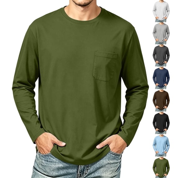 Men's Crew Neck Long Sleeve T-Shirt with Chest Pocket Loose Fit Casual Basic Tee for Daily Wear