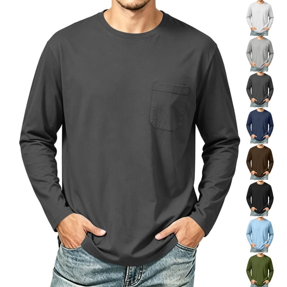 Men's Crew Neck Long Sleeve T-Shirt with Chest Pocket Loose Fit Casual Basic Tee for Daily Wear