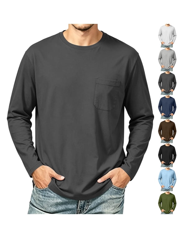 Men's Crew Neck Long Sleeve T-Shirt with Chest Pocket Loose Fit Casual Basic Tee for Daily Wear