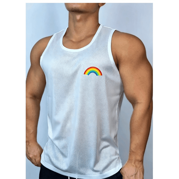 Men's Crew Neck Rainbow Print Mesh Sleeveless Tank Top, Skinny Fit Breathable Knit Vest for Gym & Summer Daily Wear