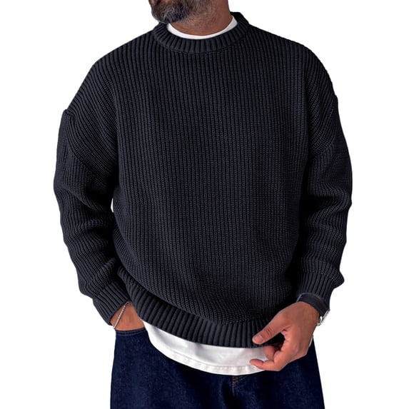 Men's Crew Neck Ribbed Knit Sweater Long Sleeve Casual Pullover Solid Color Top