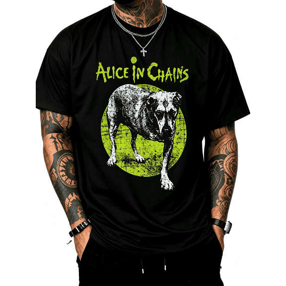 Men's Crew Neck Short Sleeve Graphic T-Shirt, Alice in Chains Band Inspired Dog Print Casual Tee
