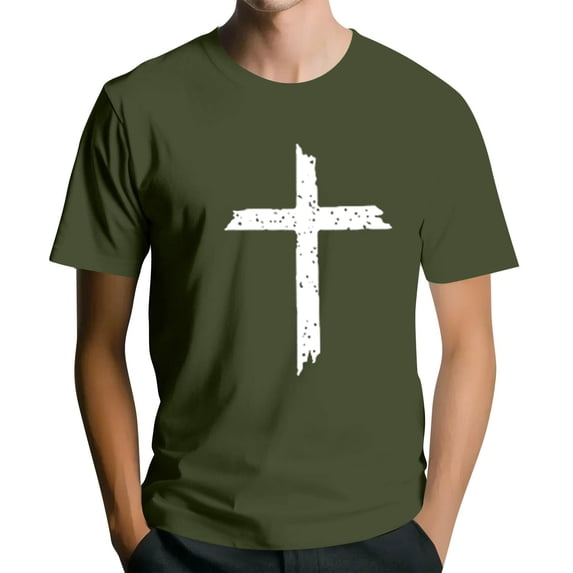 Men's Crew Neck Short-Sleeve T-Shirt With Distressed Cross Pattern Casual Daily Wear Soft Lightweight Fabric Spring & Summer Trendy Tees,Army Green,XL