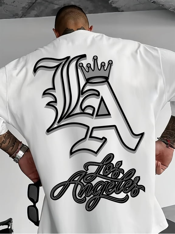 Men's Crew Neck Short Sleeve T-Shirt, Los Angeles LA Crown Script Back Graphic Print, Streetwear Casual Summer Tee