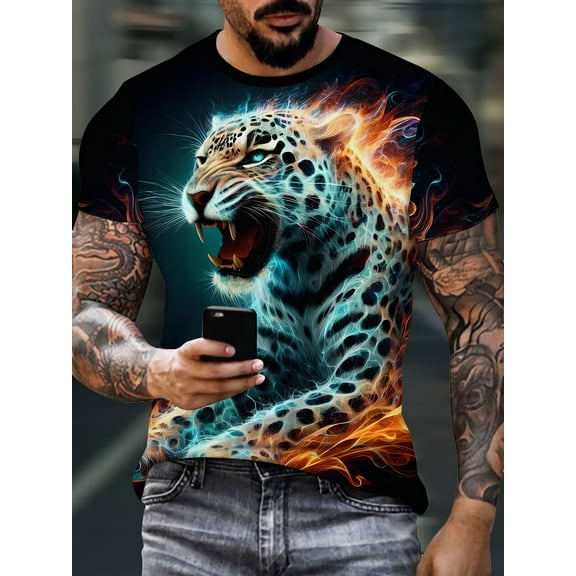 Men's Crew Neck Short Sleeve T-Shirt, Wild Cheetah and Flame Pattern T-Shirt - Polyester Fiber, Crew Neck, Casual Summer Top