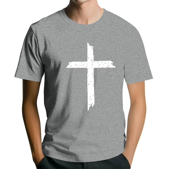 Men's Crew Neck Short-Sleeve T-Shirt With Distressed Cross Pattern Casual Daily Wear Soft Lightweight Fabric Spring & Summer Trendy Tees,Gray,L