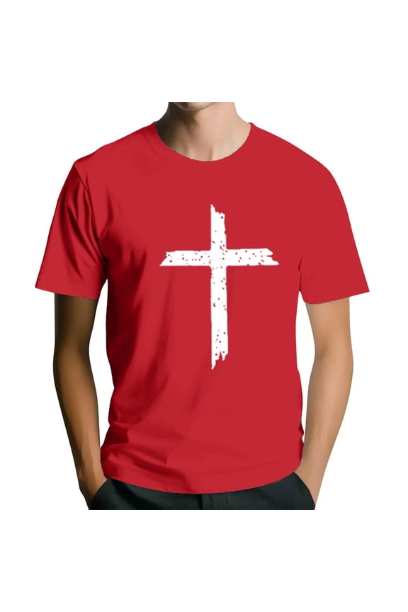 Men's Crew Neck Short-Sleeve T-Shirt With Distressed Cross Pattern Casual Daily Wear Soft Lightweight Fabric Spring & Summer Trendy Tees,Red,L