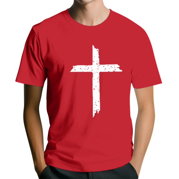 Men's Crew Neck Short-Sleeve T-Shirt With Distressed Cross Pattern Casual Daily Wear Soft Lightweight Fabric Spring & Summer Trendy Tees,Red,XL