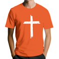 thumbnail image 1 of Men's Crew Neck Short-Sleeve T-Shirt With Distressed Cross Pattern Casual Daily Wear Soft Lightweight Fabric Spring & Summer Trendy Tees,Saffron,XXL, 1 of 4
