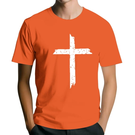 Men's Crew Neck Short-Sleeve T-Shirt With Distressed Cross Pattern Casual Daily Wear Soft Lightweight Fabric Spring & Summer Trendy Tees,Saffron,XXL