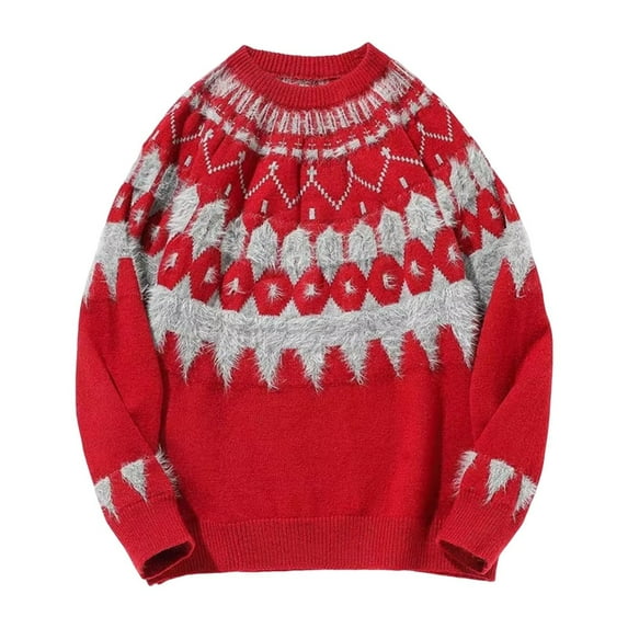 Men's Crew Neck Sweater Casual Jacquard Knit Pullover Tops Gradient Long Sleeve Sweaters Red XL