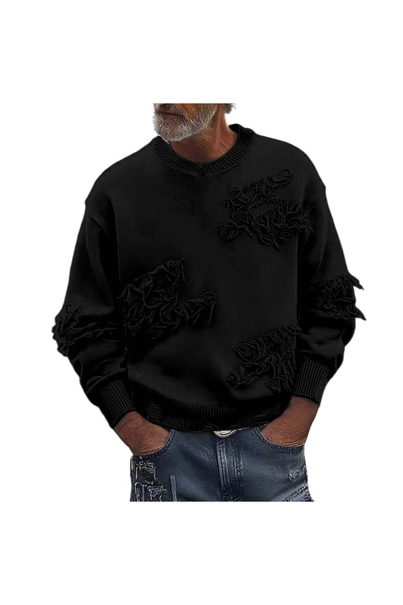 Men's Crew Neck Sweater Distressed Distressed Ripped Hole Long Sleeve Streetwear Button Knit Sweater Pullover Tops (L, Black)