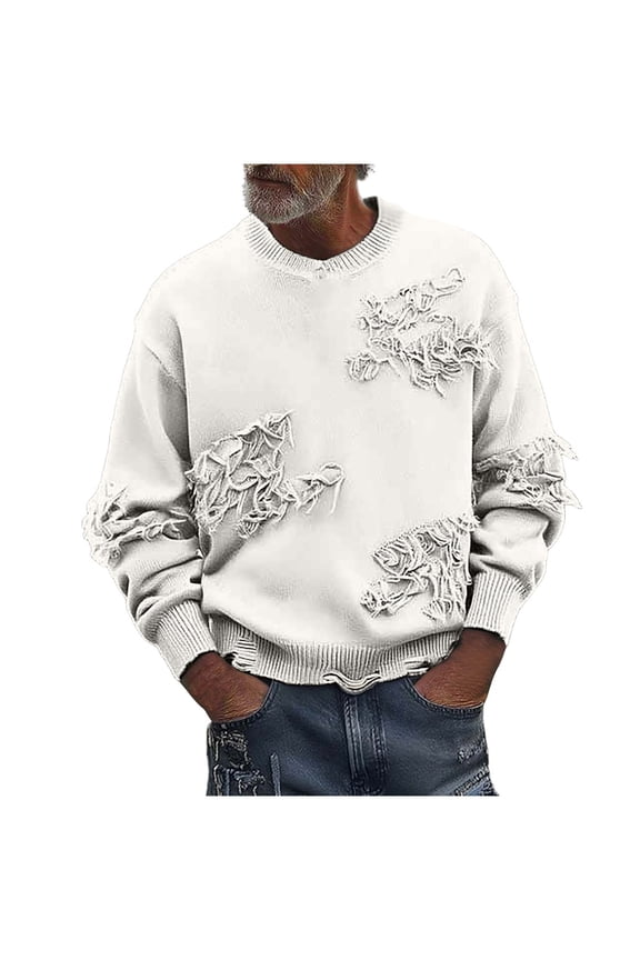Men's Crew Neck Sweater Distressed Distressed Ripped Hole Long Sleeve Streetwear Button Knit Sweater Pullover Tops (M, Beige)