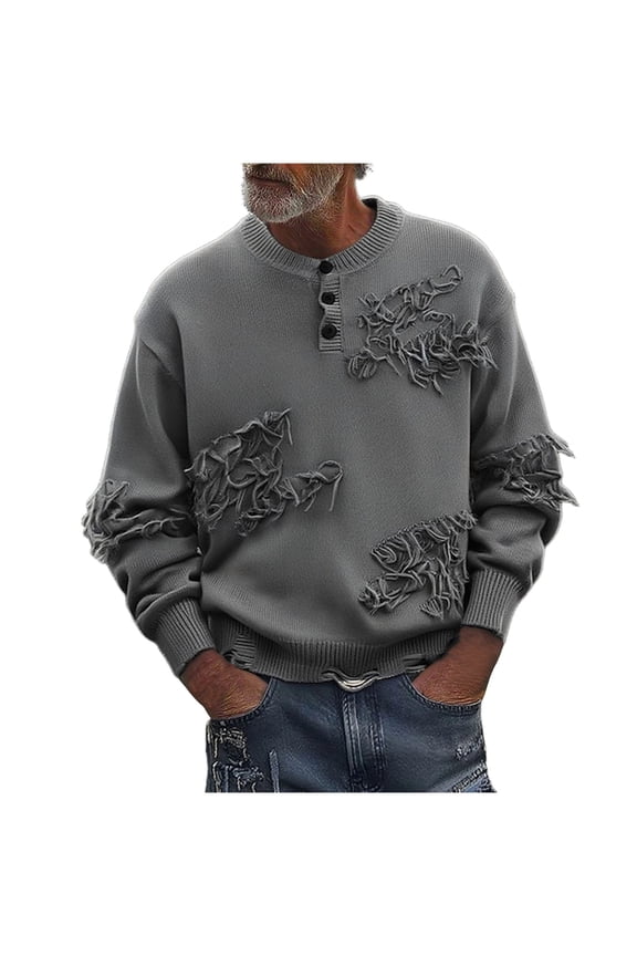 Men's Crew Neck Sweater Distressed Distressed Ripped Hole Long Sleeve Streetwear Button Knit Sweater Pullover Tops (M, Dark Gray)
