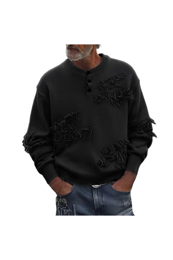 Men's Crew Neck Sweater Distressed Distressed Ripped Hole Long Sleeve Streetwear Button Knit Sweater Pullover Tops (S, Black)