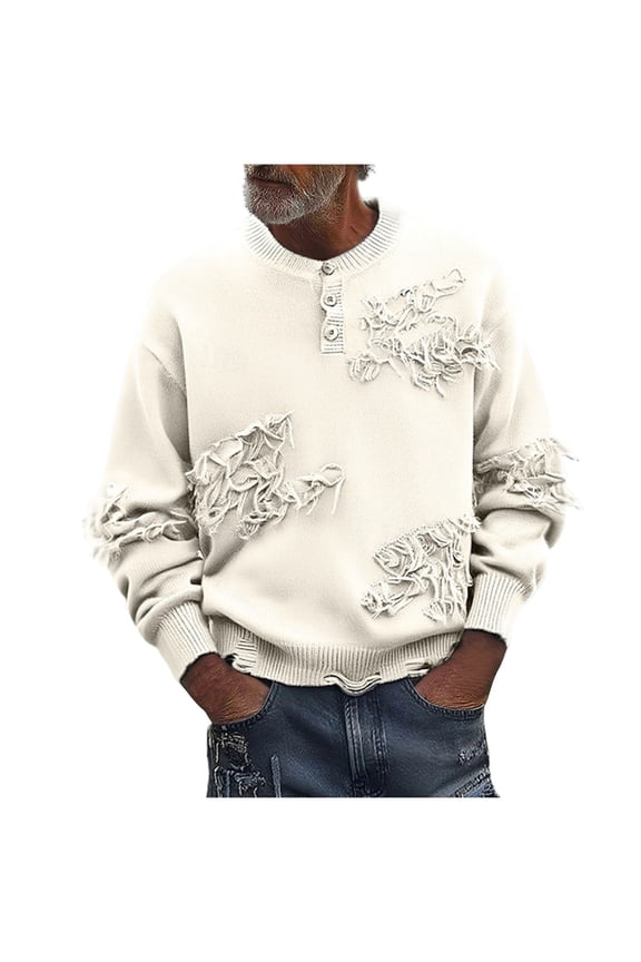Men's Crew Neck Sweater Distressed Distressed Ripped Hole Long Sleeve Streetwear Button Knit Sweater Pullover Tops (S, White)