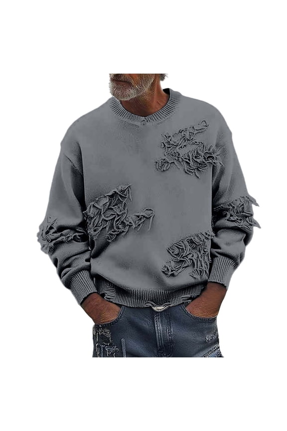 Men's Crew Neck Sweater Distressed Distressed Ripped Hole Long Sleeve Streetwear Button Knit Sweater Pullover Tops (XL, Gray)