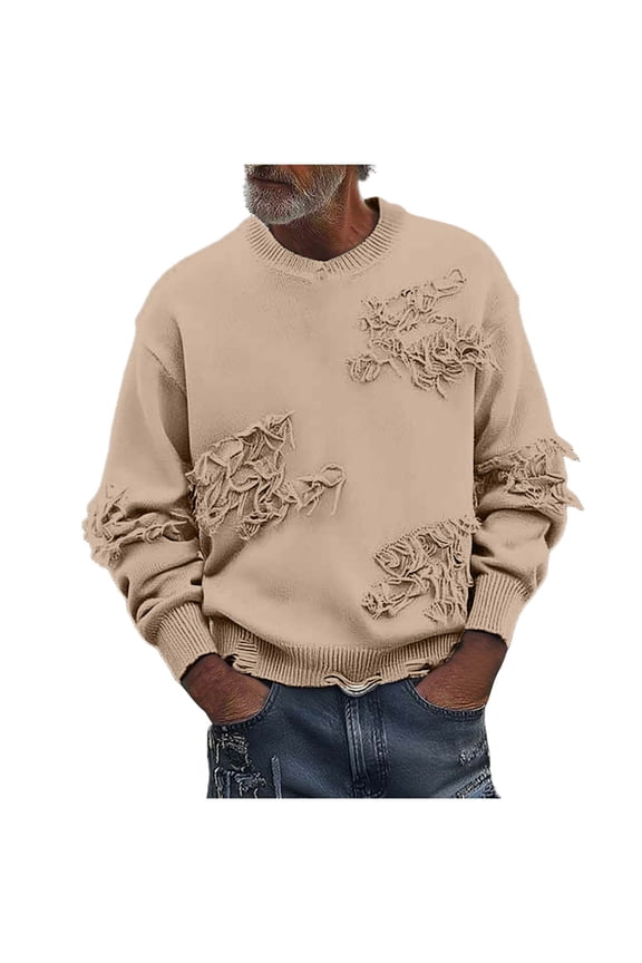 Men's Crew Neck Sweater Distressed Distressed Ripped Hole Long Sleeve Streetwear Button Knit Sweater Pullover Tops (XL, Khaki)