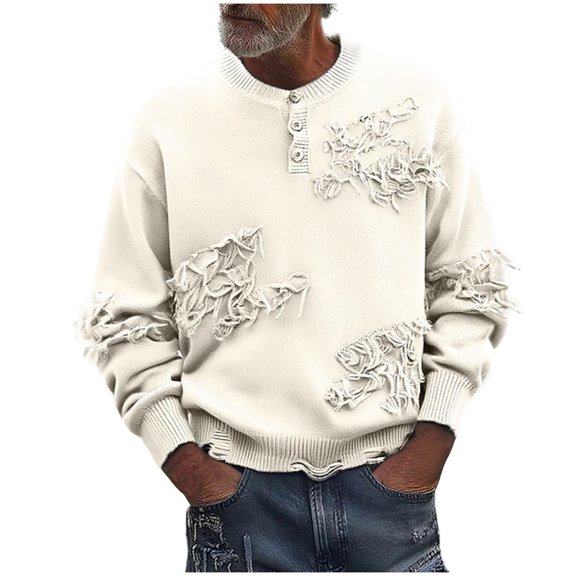 Men's Crew Neck Sweater Distressed Distressed Ripped Hole Long Sleeve Streetwear Button Knit Sweater Pullover Tops (XL, White)