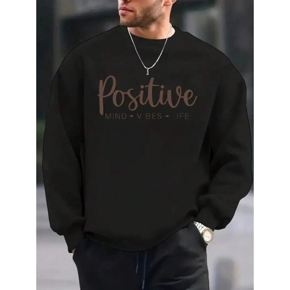 Men's Crew Neck Sweatshirt For Autumn, Printed With Brown "Positive MIND V BES IFE" Lettering, Minimalist Design, Streetwear With Fashionable And Creative Text Prints