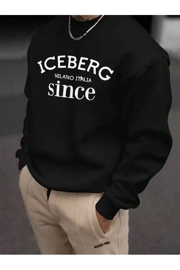 Men's Crew Neck Sweatshirt For Autumn, Printed With White "ICEBERG MILANO ITALIA Since" Lettering, Minimalist Design, Streetwear With Fashionable And Creative Text Prints