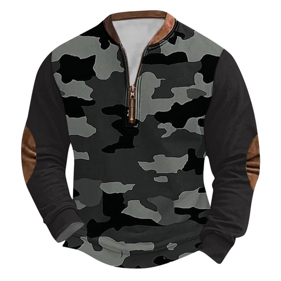 Men's Crew Neck Sweatshirt Classic Camouflage Print Hoodless Sweatshirt Half Zip Long Sleeve Pullover Top Mens Shirt Sweater Tops
