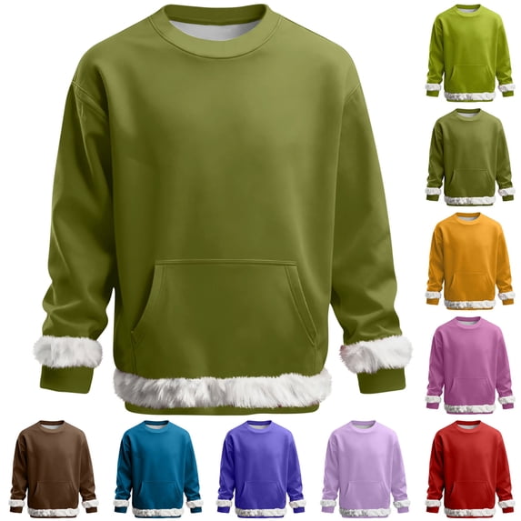 Men's Crew Neck Sweatshirt Fuzzy Fleece Trim Casual Long Sleeve Pullover Tops with Front Pocket