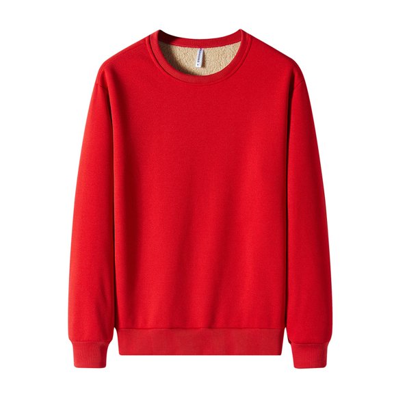 Men's Crew Neck Sweatshirt Pullover Winter Warm Sherpa Long Sleeve Shirt Fashion Fall Solid Color Fleece Top (Red L)