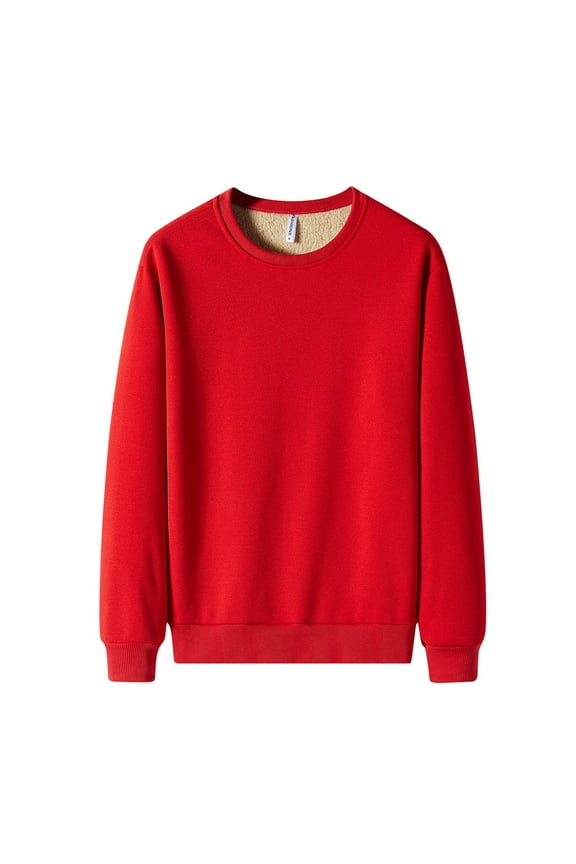 Men's Crew Neck Sweatshirt Pullover Winter Warm Sherpa Long Sleeve Shirt Fashion Fall Solid Color Fleece Top (Red M)