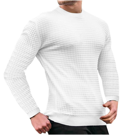 Men's Crew Neck Sweatshirts Waffle Round Neck Sweatshirt With Pullover Solid Color Long Sleeved Hoodless Tops