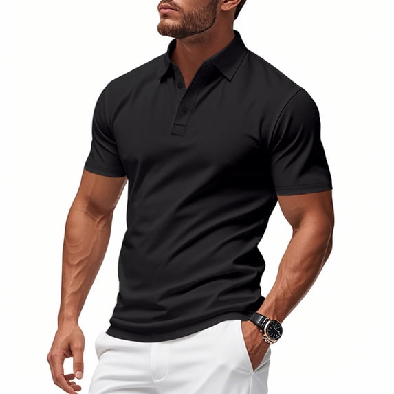 Men's Crew Neck T-Shirt Mens Uniform Shirts Short Sleeve Button Lapel Collar Golf Basic Tee Tops Fashion Casual Solid Color T-Shirt Black S
