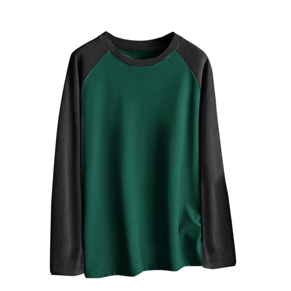 Men's Crew Neck Tops Long Sleeve Soft Comfortable Raglan Shirts for Men Lounge Color Block Pullover Blouses (Green 2XL)