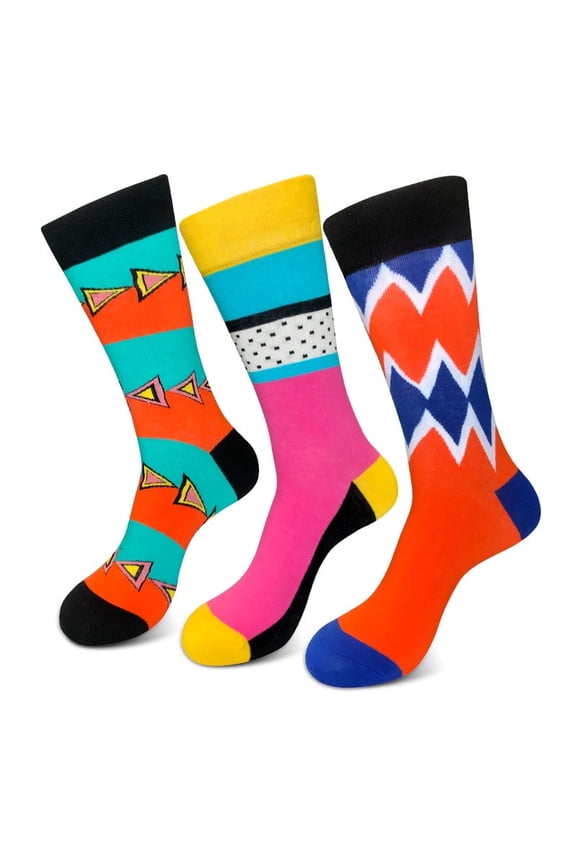 Men's Colorful Funky Crew Socks, 3-Pack Patterned Combed Cotton Dress Socks, Novelty Casual Socks for Business and Daily Wear, Size 6-12