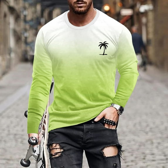 Men's Crewneck Gradient T-Shirt Casual Long Sleeve Tops Fashion Lightweight Tee Top Slim Fit Workout Muscle Shirts Athletic Sports Tees