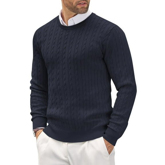 Men's Crewneck Pullover Sweater Textured Long Sleeve Knitted Sweaters Navy L