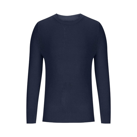 Men's Crewneck Pullover Sweater Waffle Textured Knitted Sweaters Casual Loose Fit Tops with Ribbing Edge (M, Dark Blue)