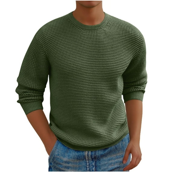 Men's Crewneck Pullover Sweater Waffle Textured Long Sleeve Knitted Sweaters Regular Fit Sweatshirts