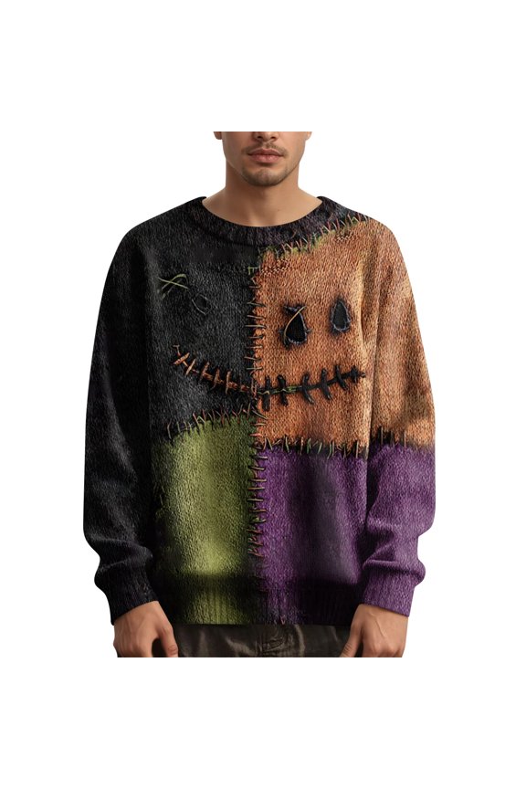 Men's Crewneck Pullover Sweater with Halloween Inspired Face Print Comfortable Knit Top for Casual Wear
