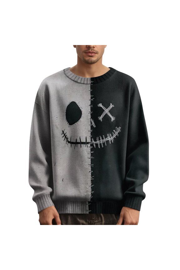 Men's Crewneck Pullover Sweater with Halloween Inspired Face Print Comfortable Knit Top for Casual Wear